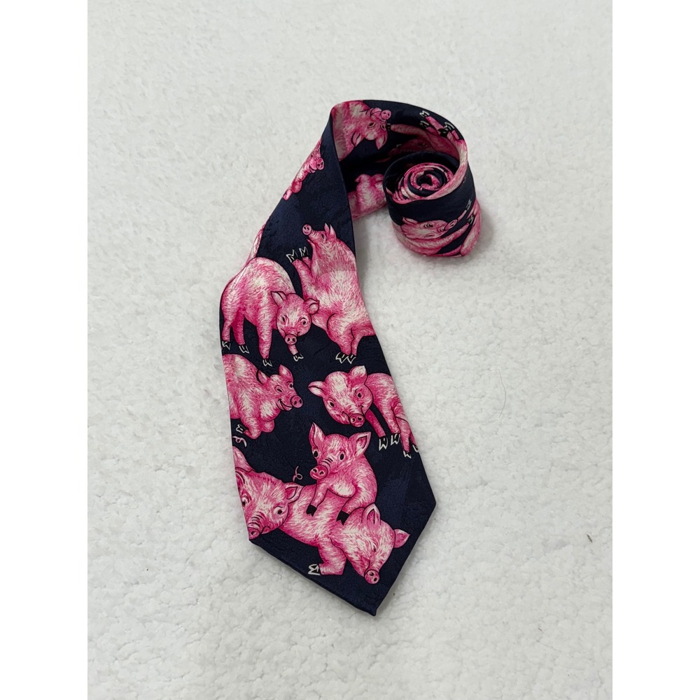 Addiction Necktie Men's Novelty Pink Pigs on Navy Blue 100% Silk‎